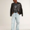 Veste de motard en cuir noir pour homme à l’effet brillant
