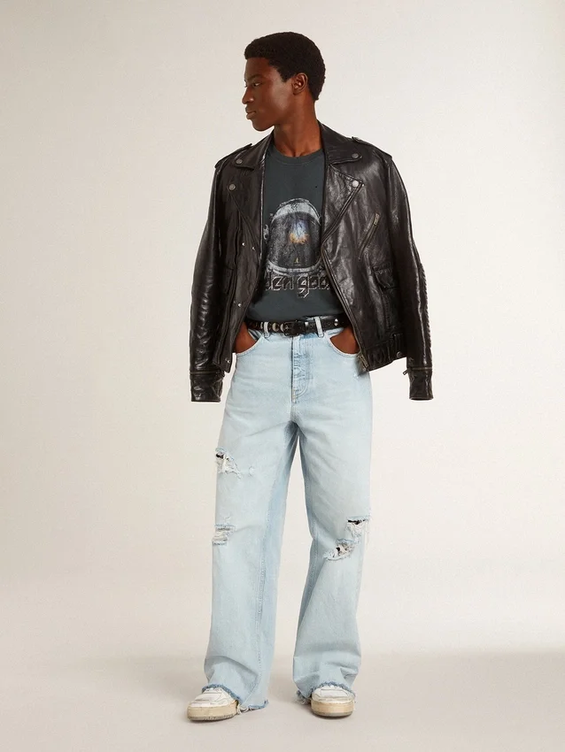 Veste de motard en cuir noir pour homme à l’effet brillant