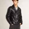 Veste de motard en cuir noir pour homme à l’effet brillant