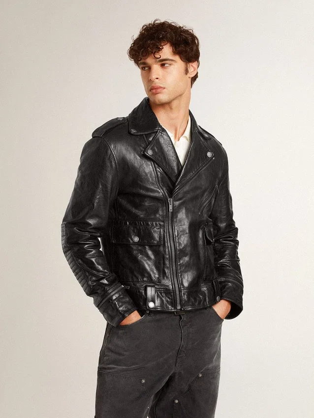 Veste de motard en cuir noir pour homme à l’effet brillant