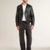 Veste de motard en cuir noir pour homme à l’effet brillant