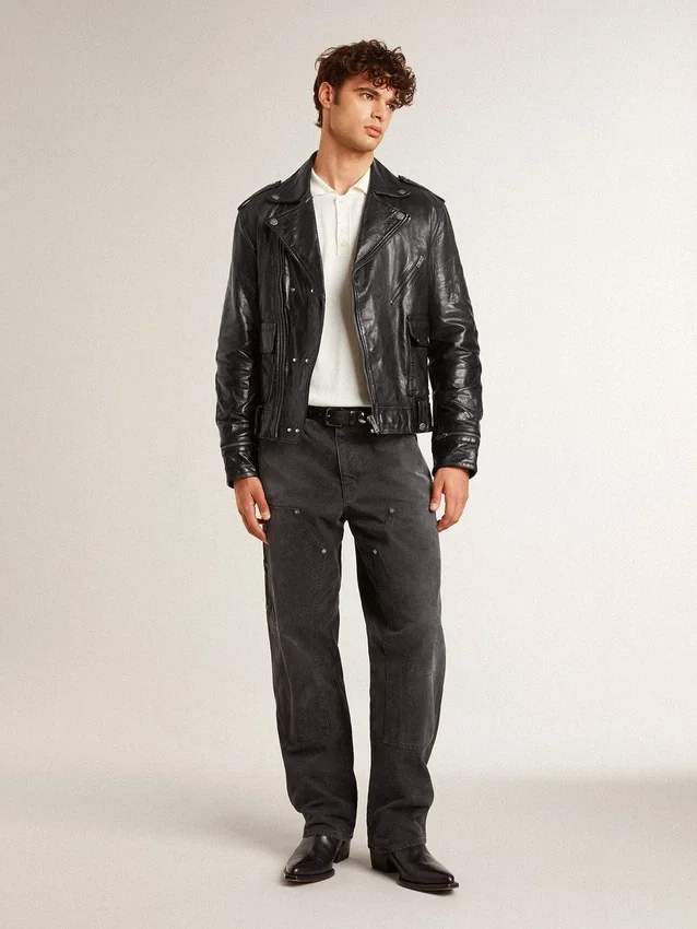 Veste de motard en cuir noir pour homme à l’effet brillant