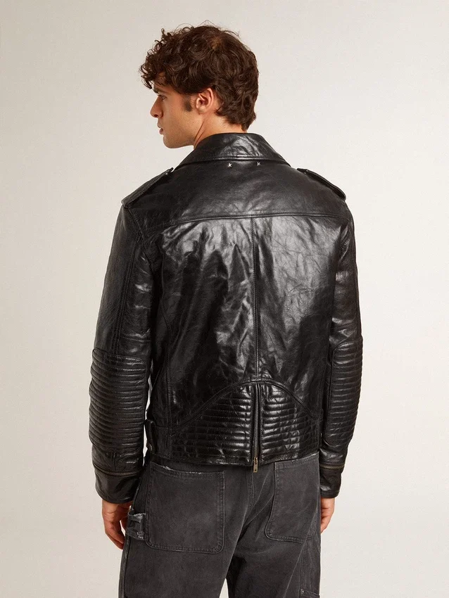 Veste de motard en cuir noir pour homme à l’effet brillant