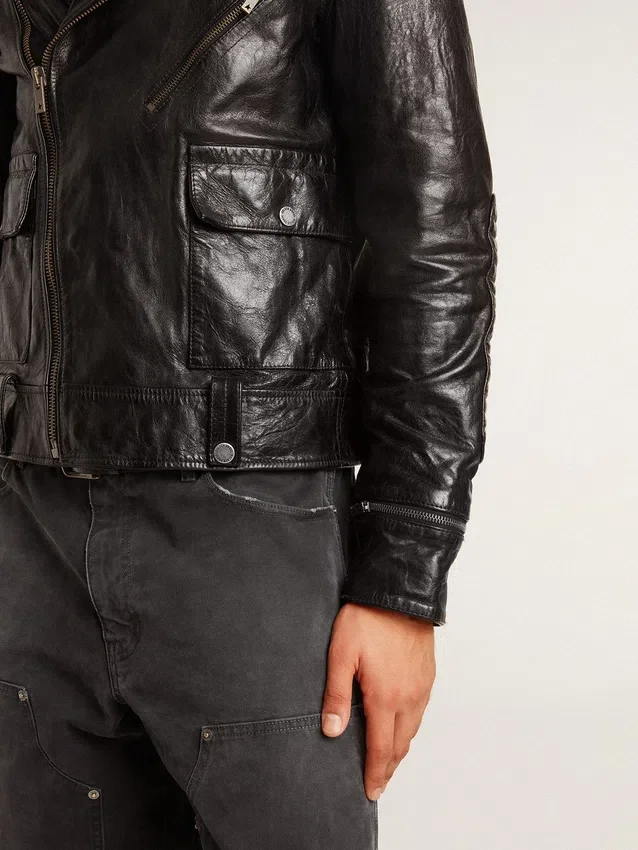 Veste de motard en cuir noir pour homme à l’effet brillant