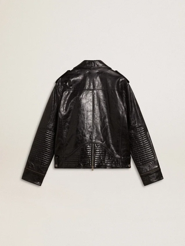 Veste de motard en cuir noir pour homme à l’effet brillant