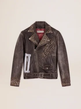 Veste de motard en cuir pour homme avec clous martelés et bande adhésive