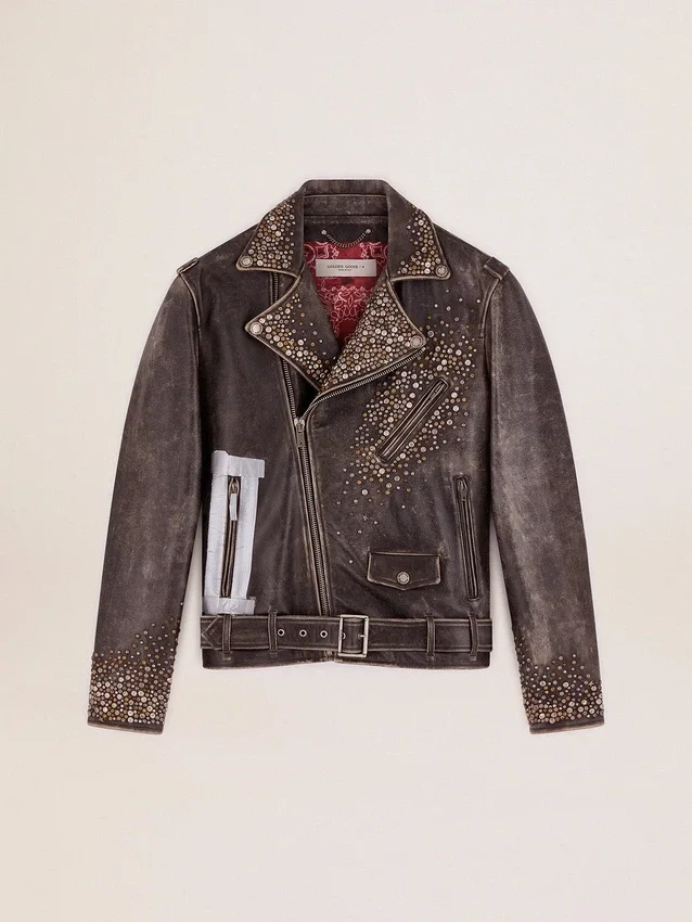 Veste de motard en cuir pour homme avec clous martelés et bande adhésive