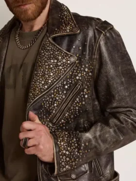 Veste de motard en cuir pour homme avec clous martelés et bande adhésive