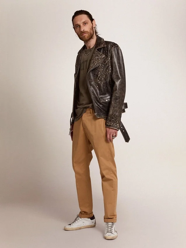 Veste de motard en cuir pour homme avec clous martelés et bande adhésive