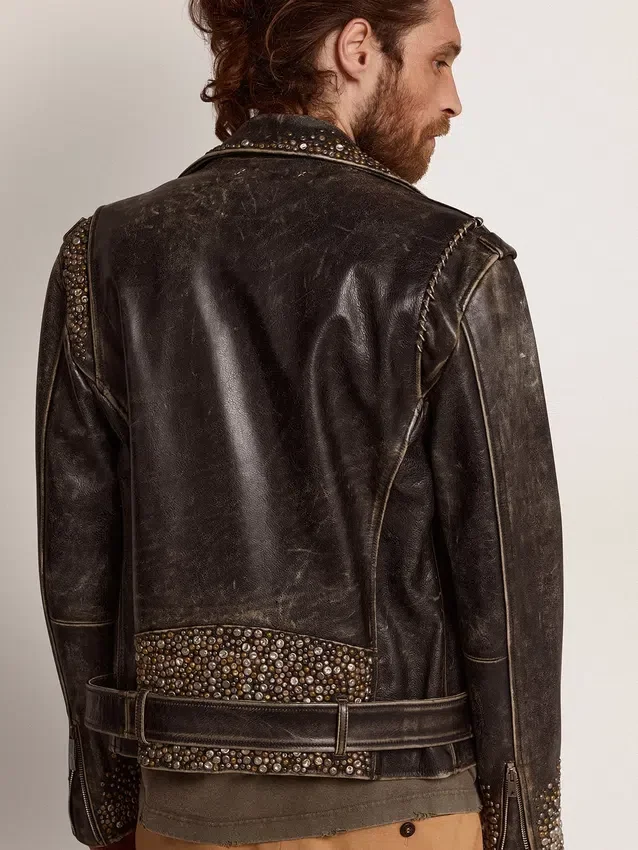 Veste de motard en cuir pour homme avec clous martelés et bande adhésive