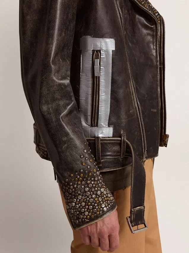 Veste de motard en cuir pour homme avec clous martelés et bande adhésive