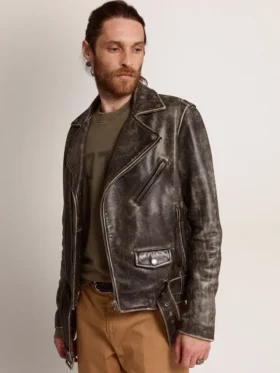 Veste de motard pour homme en cuir vieilli