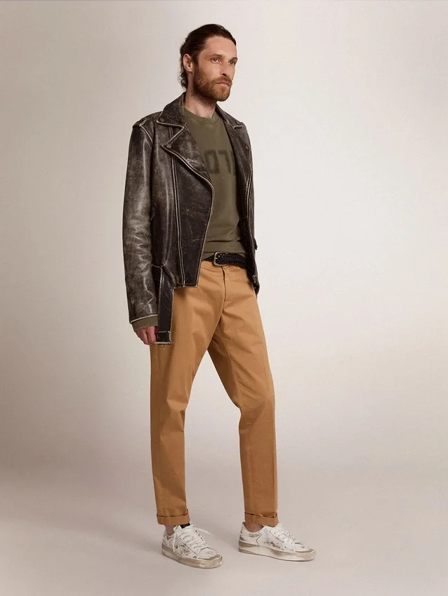 Veste de motard pour homme en cuir vieilli