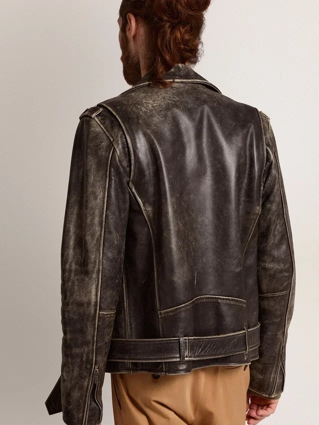 Veste de motard pour homme en cuir vieilli