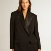 Veste de smoking pour femme en gabardine de laine noire