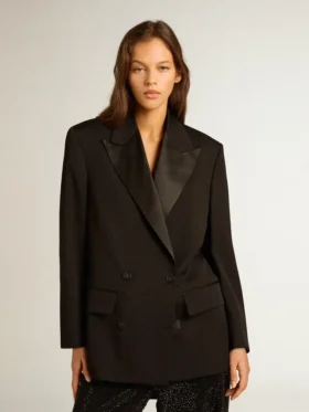 Veste de smoking pour femme en gabardine de laine noire