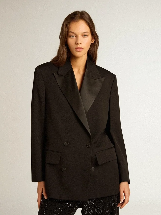 Veste de smoking pour femme en gabardine de laine noire