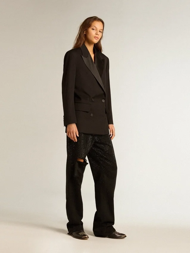Veste de smoking pour femme en gabardine de laine noire
