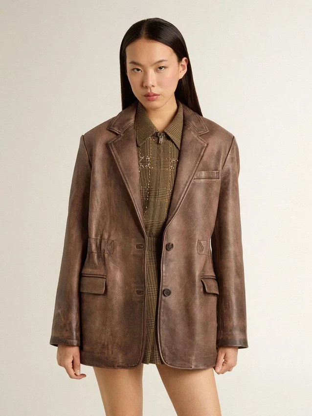 Veste en cuir marron pour femme