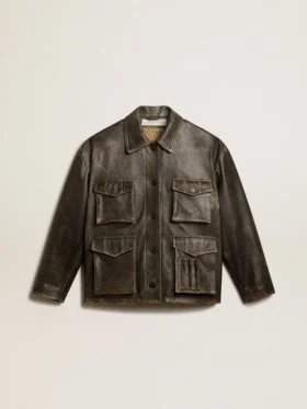 Veste en cuir nappa marron vieilli pour femme