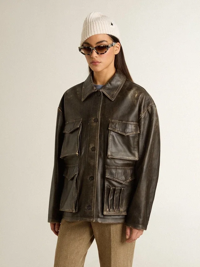 Veste en cuir nappa marron vieilli pour femme