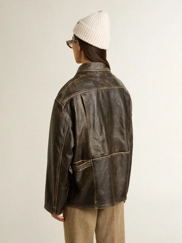 Veste en cuir nappa marron vieilli pour femme
