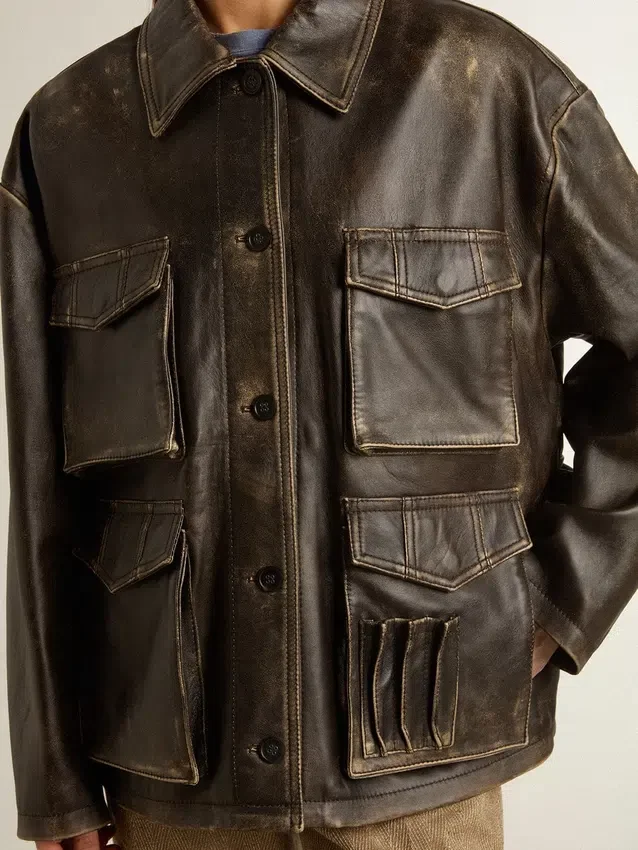 Veste en cuir nappa marron vieilli pour femme