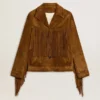 Veste en daim couleur tabac pour femme, avec franges