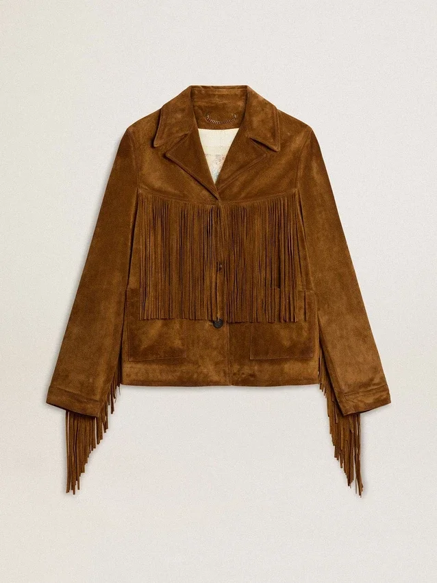 Veste en daim couleur tabac pour femme, avec franges