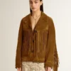 Veste en daim couleur tabac pour femme, avec franges