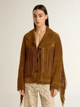 Veste en daim couleur tabac pour femme, avec franges