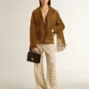 Veste en daim couleur tabac pour femme, avec franges