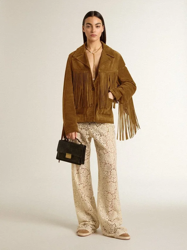 Veste en daim couleur tabac pour femme, avec franges