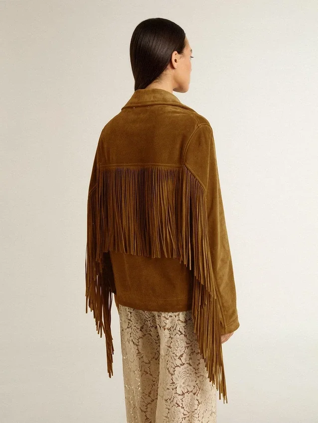 Veste en daim couleur tabac pour femme, avec franges