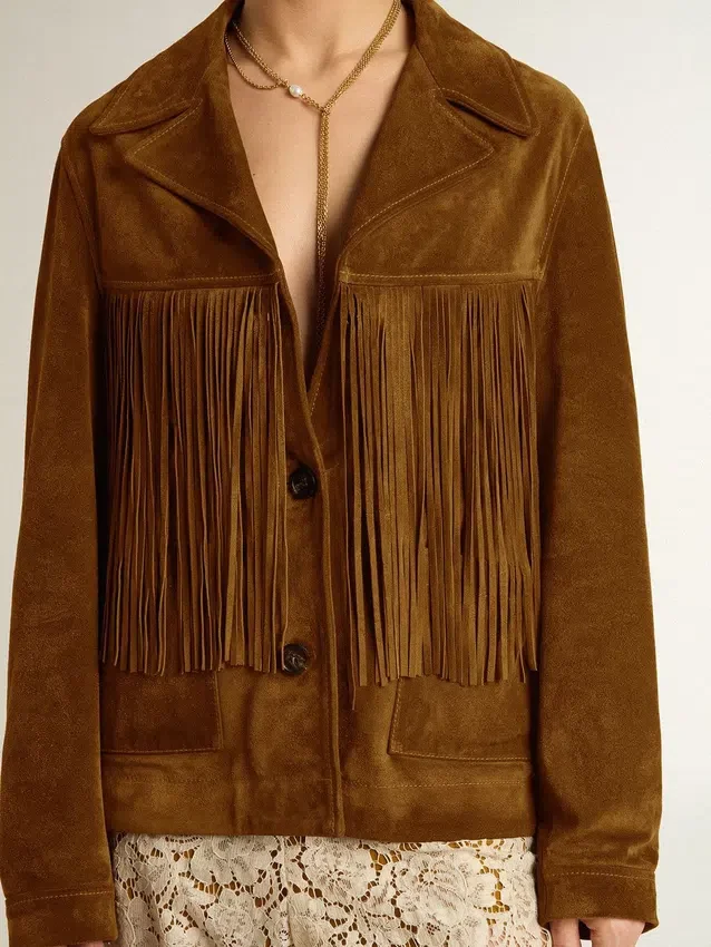 Veste en daim couleur tabac pour femme, avec franges