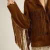 Veste en daim couleur tabac pour femme, avec franges
