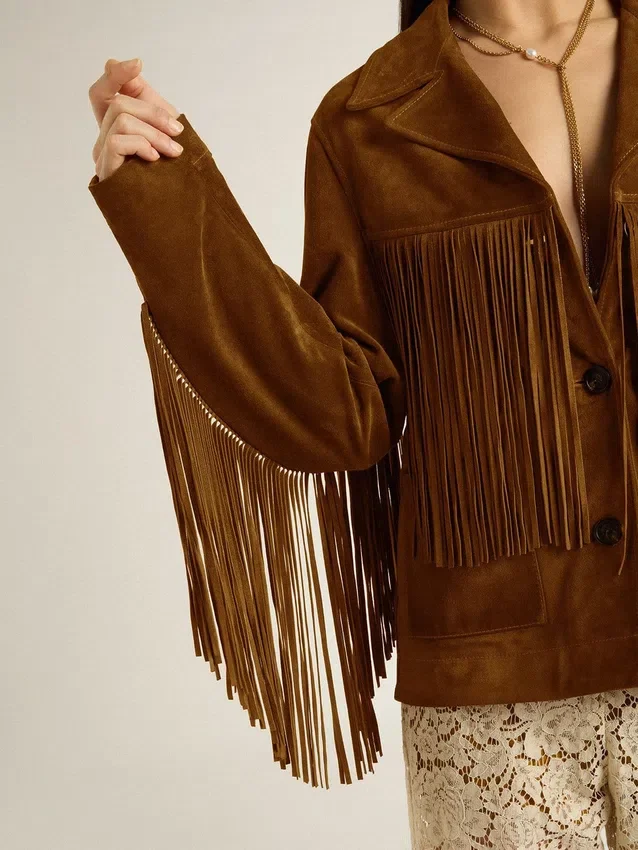 Veste en daim couleur tabac pour femme, avec franges