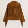 Veste en daim couleur tabac pour femme, avec franges