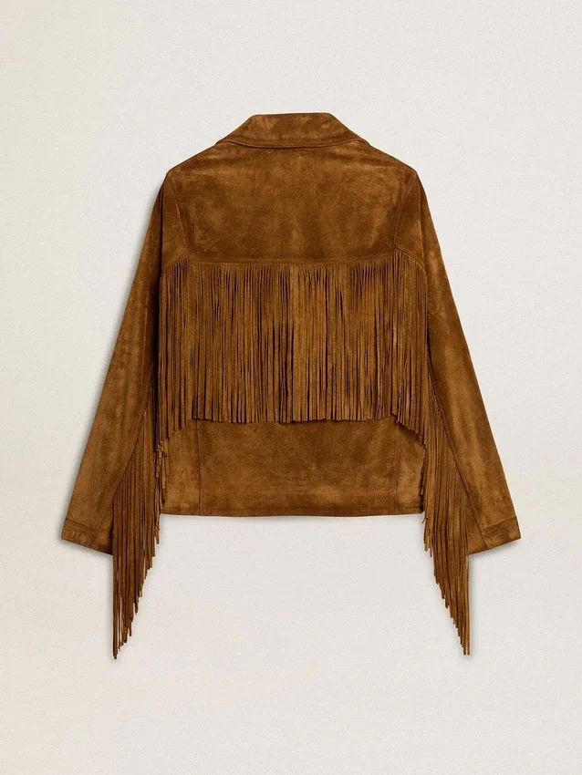 Veste en daim couleur tabac pour femme, avec franges