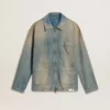 Veste en denim pour homme à effet vieilli avec fermeture éclair