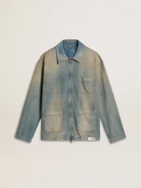 Veste en denim pour homme à effet vieilli avec fermeture éclair