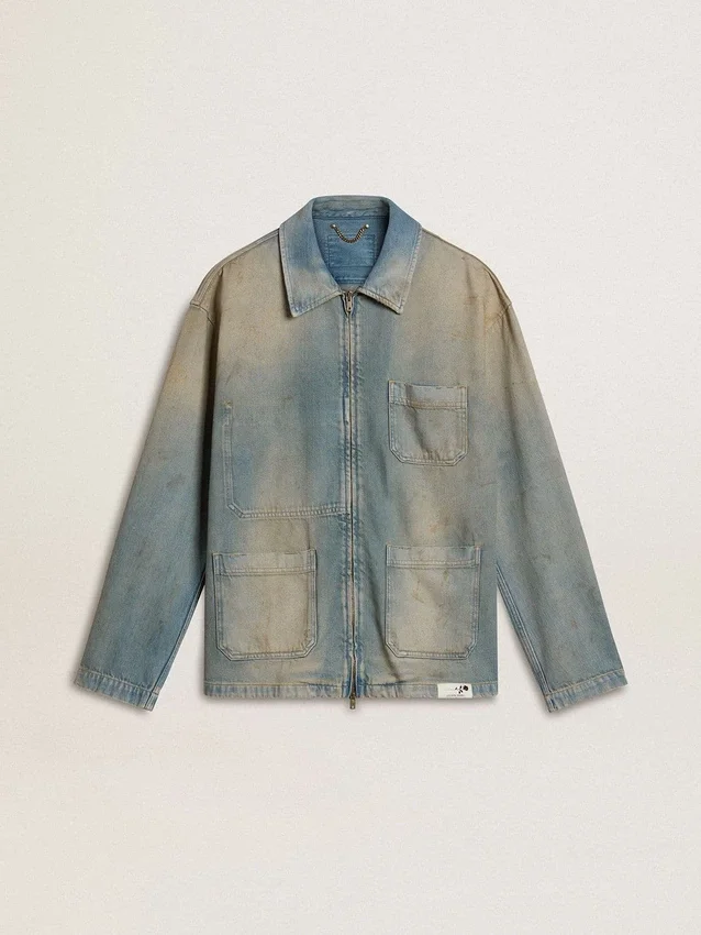 Veste en denim pour homme à effet vieilli avec fermeture éclair