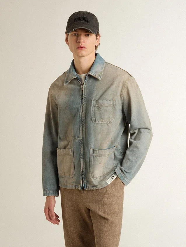 Veste en denim pour homme à effet vieilli avec fermeture éclair