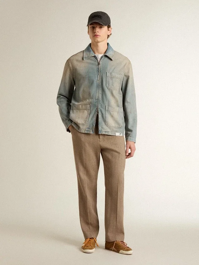 Veste en denim pour homme à effet vieilli avec fermeture éclair