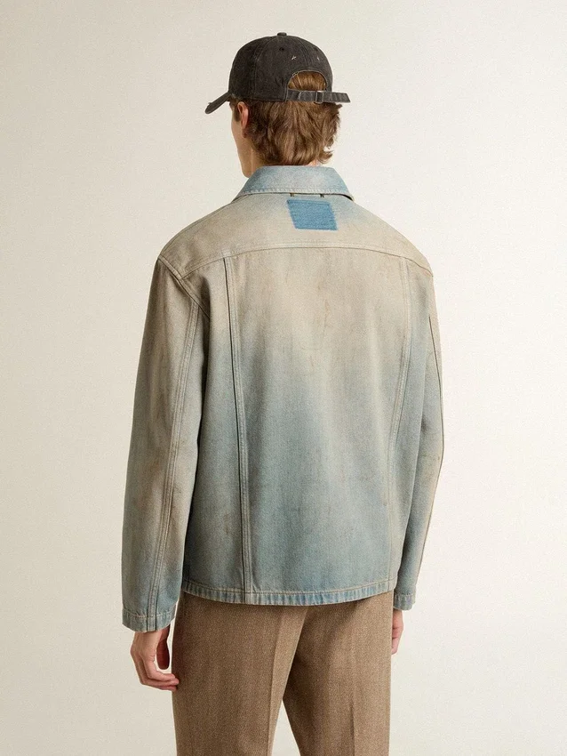 Veste en denim pour homme à effet vieilli avec fermeture éclair