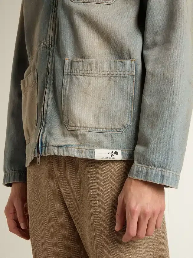 Veste en denim pour homme à effet vieilli avec fermeture éclair