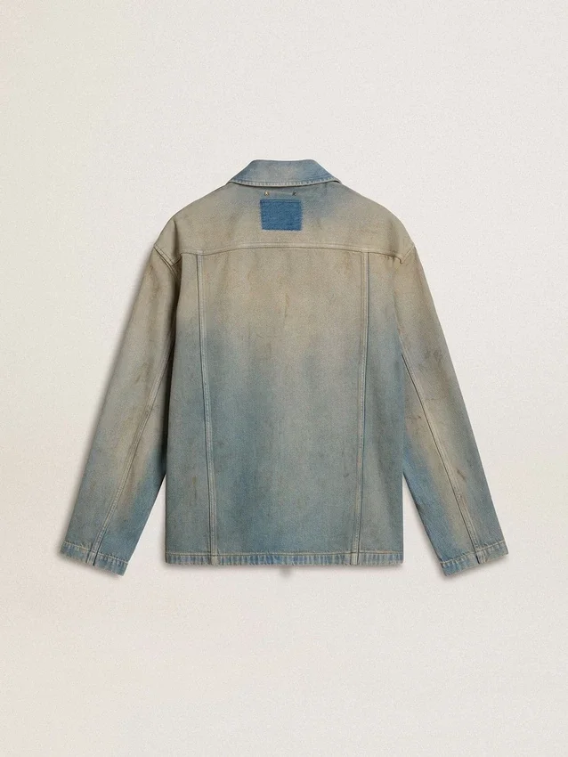 Veste en denim pour homme à effet vieilli avec fermeture éclair