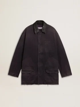 Veste en jean pour homme avec détails vieillis et col en cuir