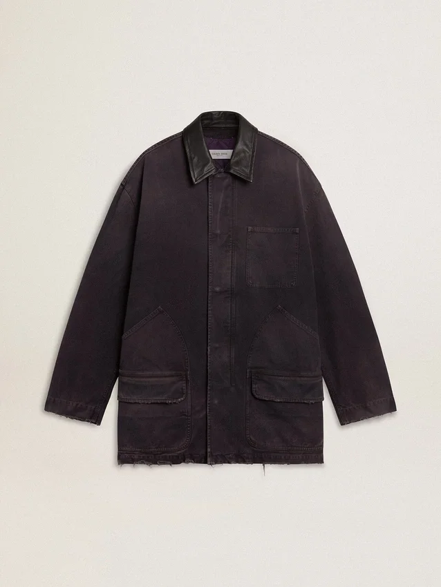 Veste en jean pour homme avec détails vieillis et col en cuir