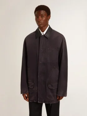 Veste en jean pour homme avec détails vieillis et col en cuir